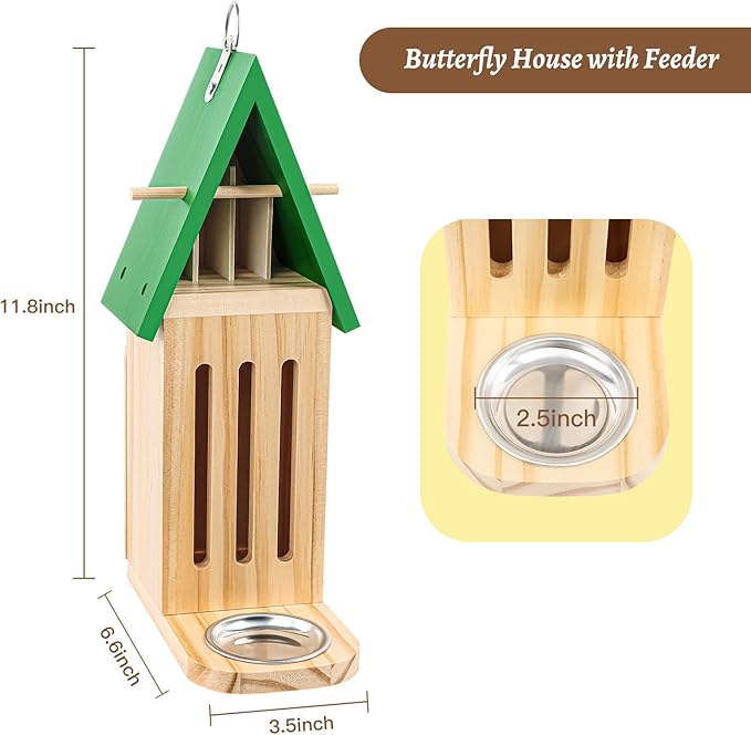 Butterfly House and Feeder for Outside, Wooden Butterfly House for Garden, Natural Butterfly Habitat with Butterfly Puddler on The Floor or Hanging on Tree Wall
