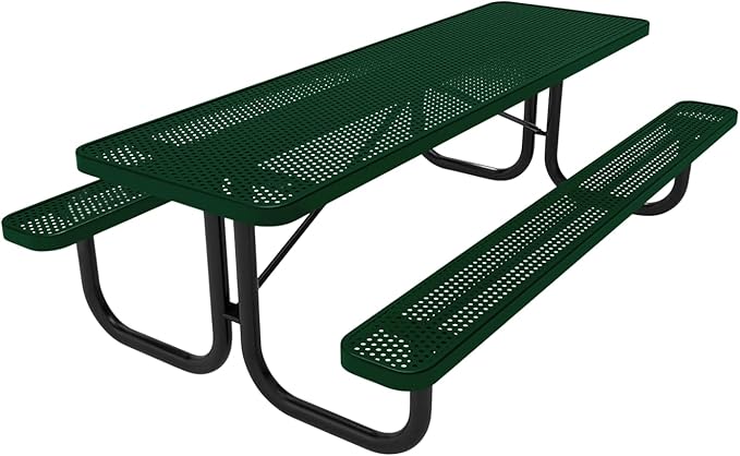 Coated Outdoor Furniture Heavy-Duty Portable Outdoor Picnic Table, Thermoplastic Coated Punched Steel Commercial-Grade Patio Dining Furniture Made in America (8ft Rectangular, Green)