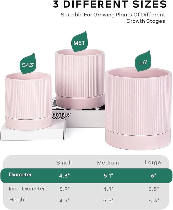 LaDoVita 3 Pack Ceramic Plant Pots 6/5/4 inch, Flowerpot for Indoor Plants with Drainage Holes and Tray, Outdoor Garden Planters, Modern Decorative for Home, Pink Vertical Stripes