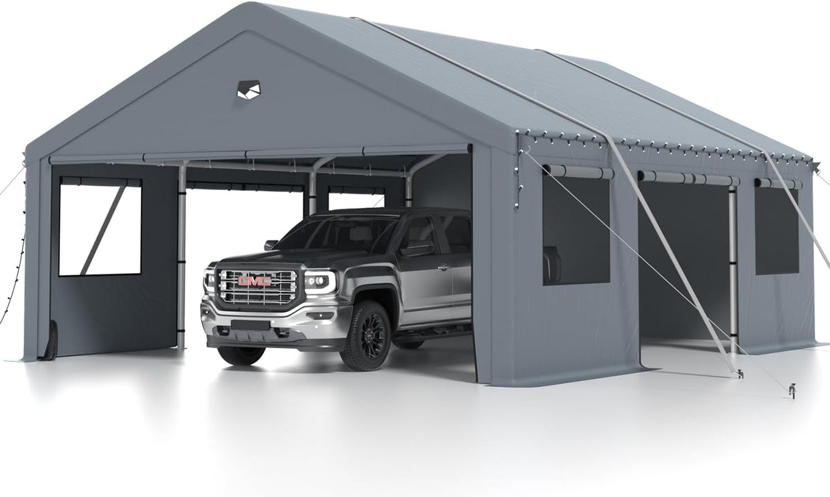 Carports 20X20 Heavy Duty，2 Car Carport with Side Doors，Extra Large Outdoor Carport Canopy，Portable Car Port Garage All Weather，Gray