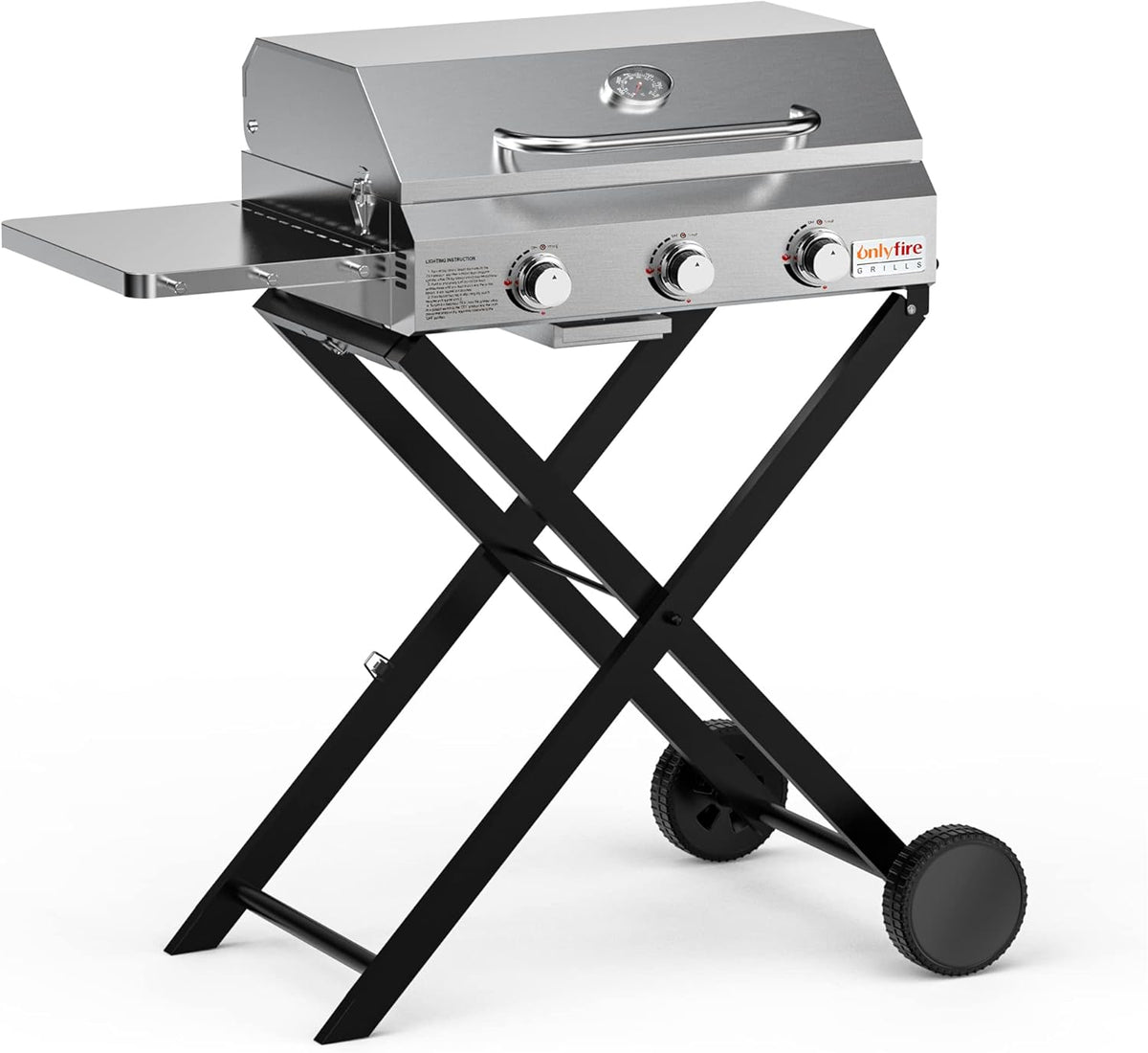 BBQ Gas Grill 3-Burner with Foldable Cart & Side Table, Portable Propane Grill with Lid for Outdoor Patio Backyard Barbecue Camping Tailgating RV Trip, Stainless Steel, GS308