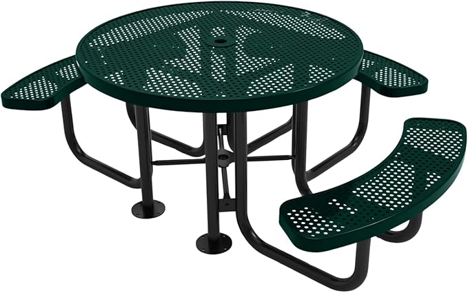 Heavy-Duty Portable Outdoor Picnic Table with Umbrella Hole, Punched Steel Patio Dining Furniture Made in America (46" Round Top, Textured Dark Green)