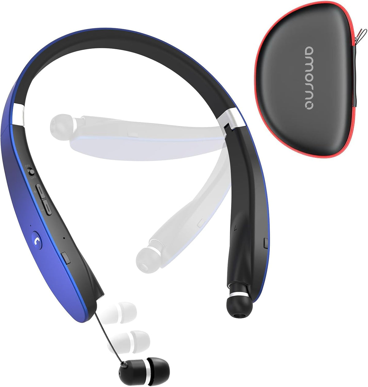 AMORNO Foldable Bluetooth Headphones Wireless Neckband Headset with Retractable Earbuds, Sports Sweatproof Noise Cancelling Stereo Earphones with Mic (Blue)