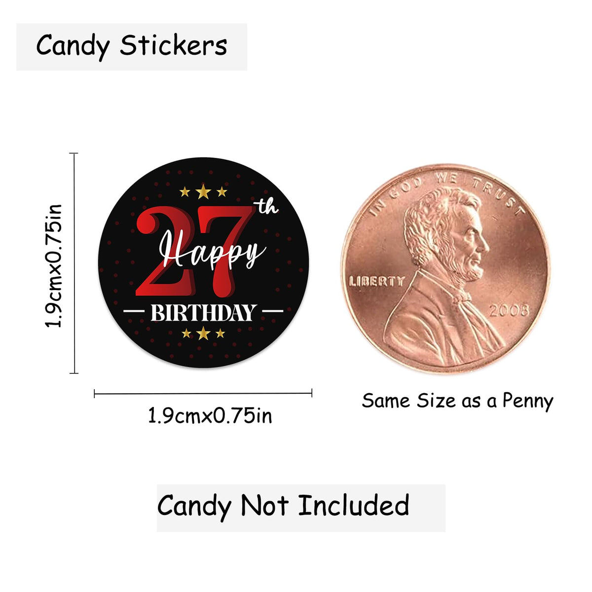 Happy 27th Birthday Party Favor Labels Chocolate Candy Stickers - Twenty Seven Years Old Birthday Round Candy Sticker Party Favors - Black and Red