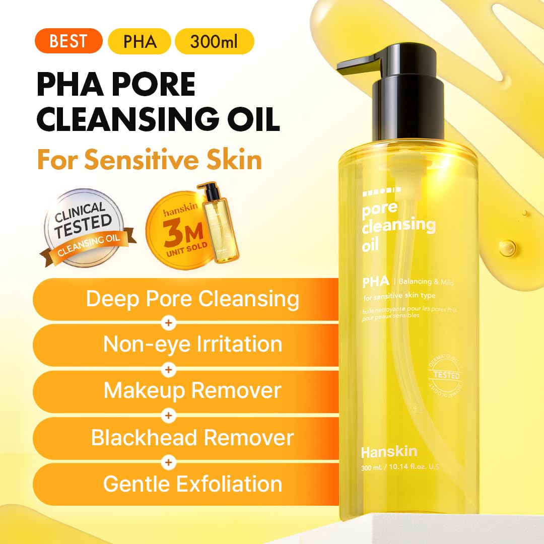 Hanskin PHA Pore Cleansing Oil for Sensitive Skin, Makeup Remover, 10.14 oz