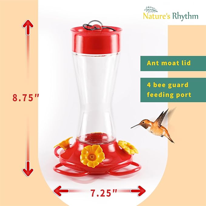 Nature's Rhythm Bird Feeder 4 bee Guard Plastic Yellow Flowers Feeding Port 8oz Glass Pinch Waist Hummingbird Feeder (1Pcs)