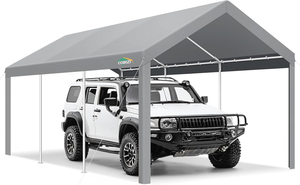 COBIZI Carports 10x20 Heavy Duty Car Tent Garage, Galvanized Frame Car Canopy Outdoor Shelter Waterproof & UV Protected with Windproof Ropes & Built-in Sandbags for Car Truck Boat, Gray