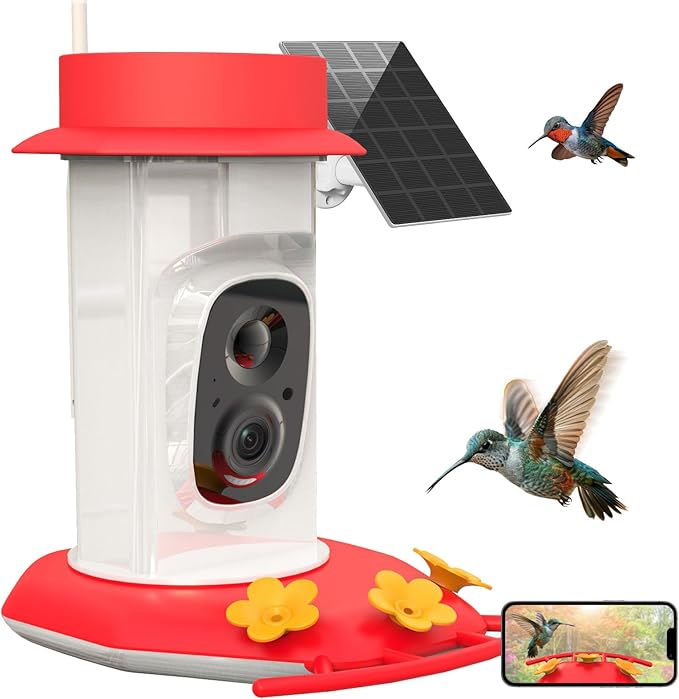 Hummingbird Feeder with Camera, AI Smart Identification Cloud Storage Function, Featuring Ant Moat Protection, Solar Power, Instant Notification, Automatic Bird Video Capture, and Motion Detection