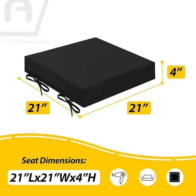 AAAAAcessories Outdoor Seat Cushions for Chairs, Waterproof, Fade-Resistant Patio Furniture Replacement Cushions, 21" x 21" x 4", Set of 2, Black