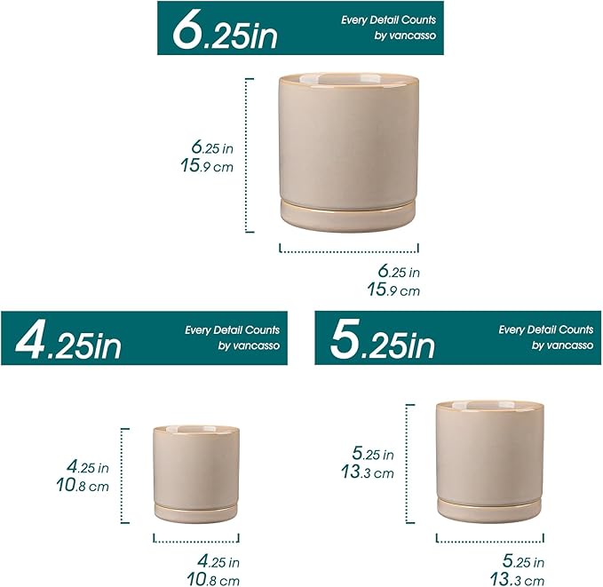 vancasso Ceramic Plant Pots, 3 Piece Planters for Indoor Plants, 4.25+5.25+6.25 Inch Flower Pots with Drainage, Plant Pots Indoor for Succulent, Pothos, Snake Plant and Money Tree, Etc (Gray)