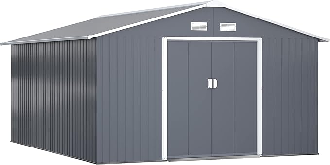 Outsunny 11' x 13' Outdoor Storage Shed, Garden Tool Metal Shed with Foundation Kit, Double Lockable Door, Air Vents and Sloping Roof, for Backyard, Patio, Lawn, Dark Gray