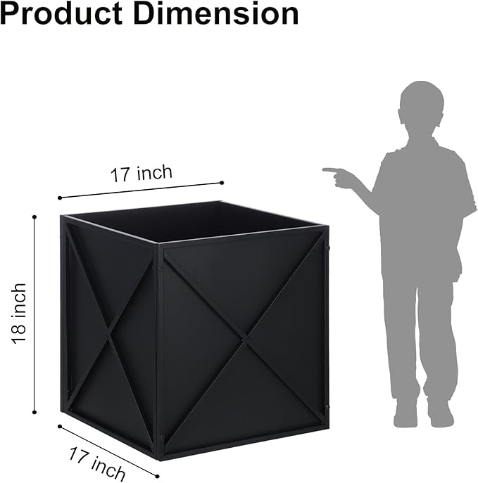 SUNNYPARK Large Metal Planter Box 17”x 17”x 18”, Square Modern Black Metal Planter Box Heavy Duty with Drainage Holes for Outdoor Garden Patio