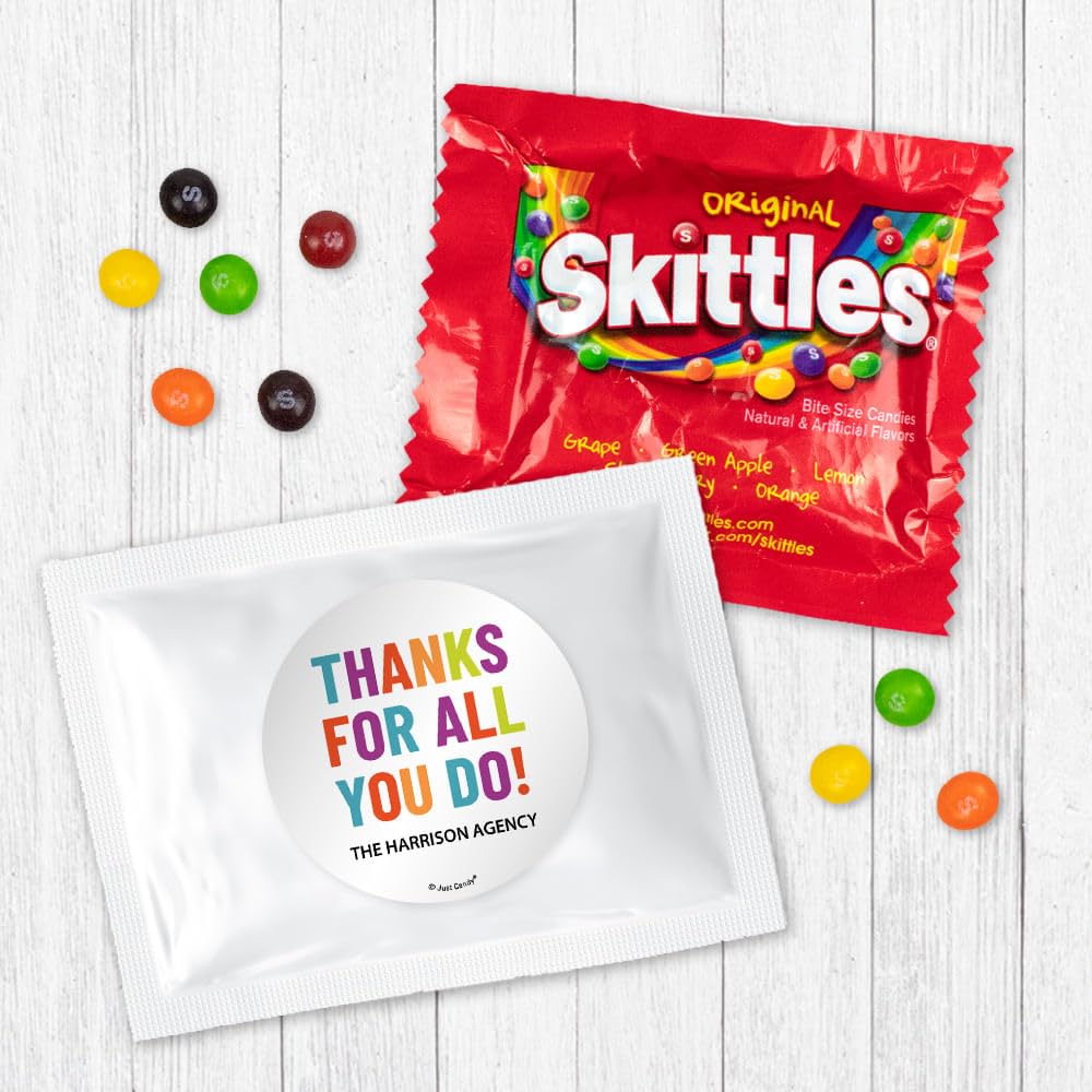 24 Pack Thanks For All You Do Personalized Candy Favor Bags Filled With Coated Fruit Chew Minis For Corporate Favors, Event Giveaways, Thank You Gifts