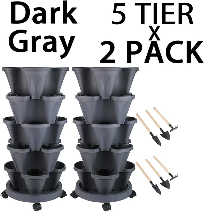 Vertical Planter 5 Tier Stackable Planters Garden Planters Strawberry Herb Flower and Vegetable Planter Indoor Outdoor Gardening Pots with Removable Wheels and Tools
