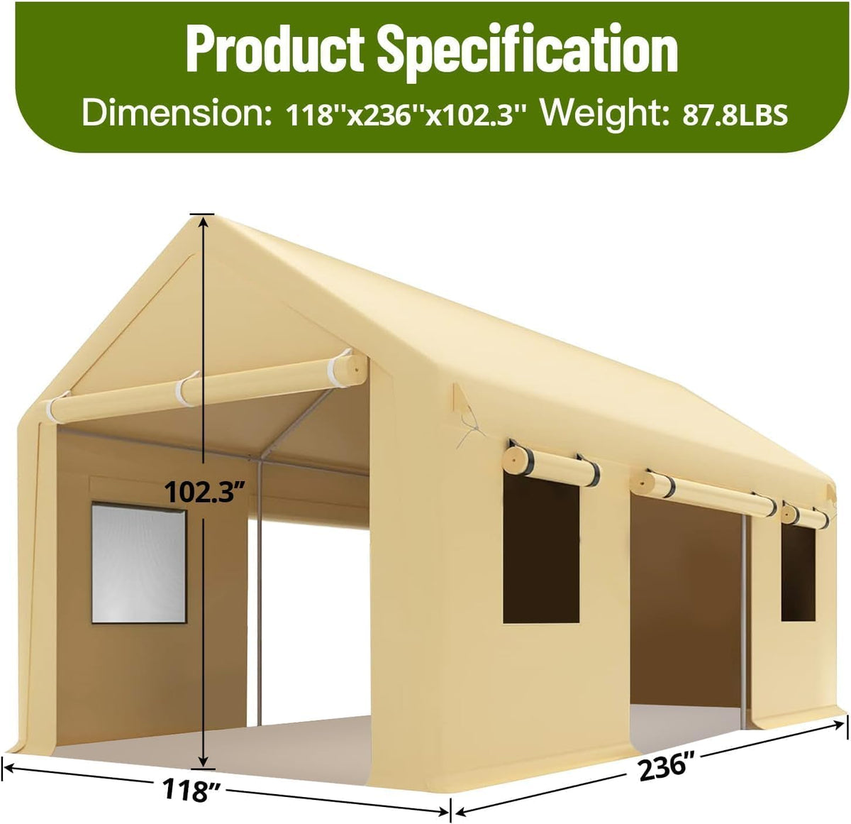 10x20 Ft. Metal Carport Garage with PE Fabric and Galvanized Steel Frame Outdoor Shelter for Cars, Trucks and Boats with 4 Doors and Mesh Windows for Ventilation - Yellow