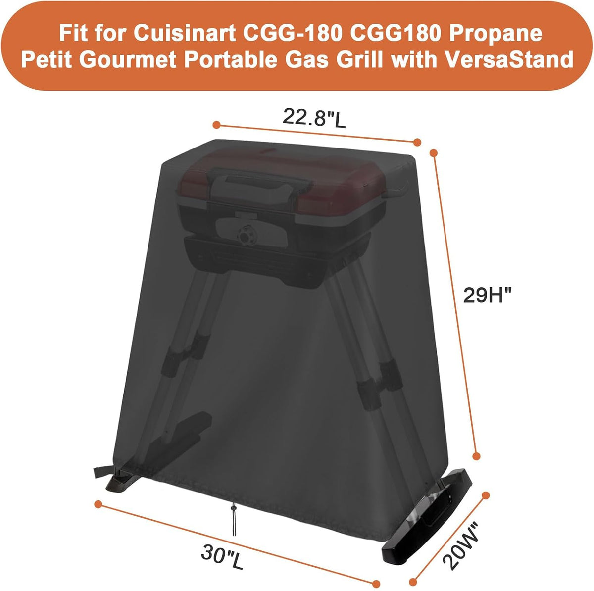 Outdoor Grill Stand Compatible for Cuisinart CGG-180, Petit Gourmet Portable Gas Grill - VersaStand Cover, Waterproof, Drawstring Design - 30 x 20 x 29 Inch
