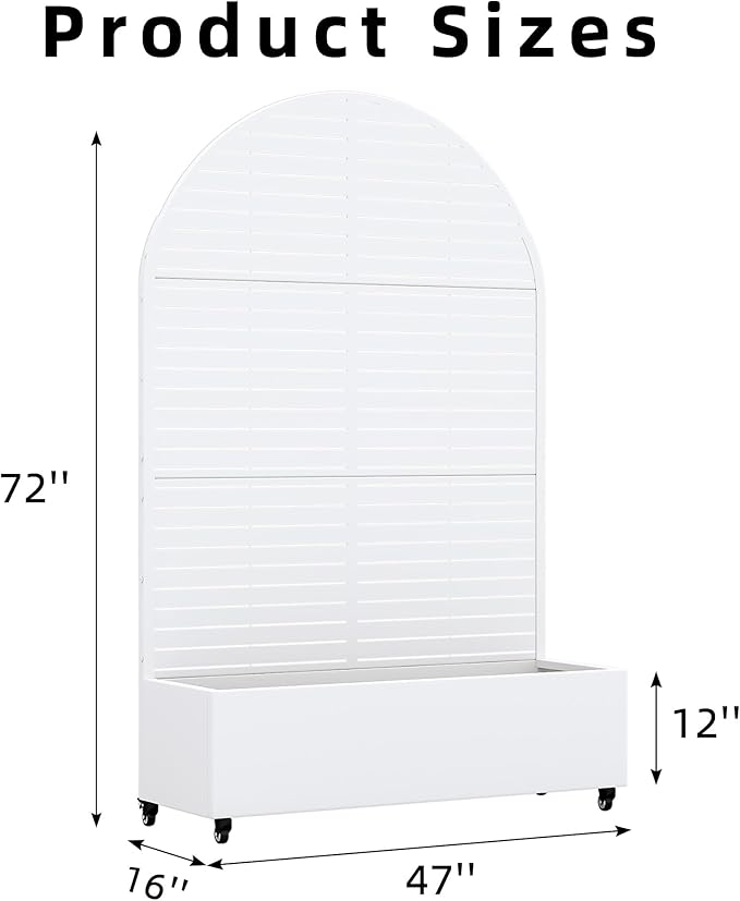 Casaphoria Metal Raised Garden Bed with Trellis and Wheels, 72"x47"x16" Arched Planter Box for Climbing Plants, Vegetables & Vines, Features Drainage Holes and Privacy Screen (White-Louvered)