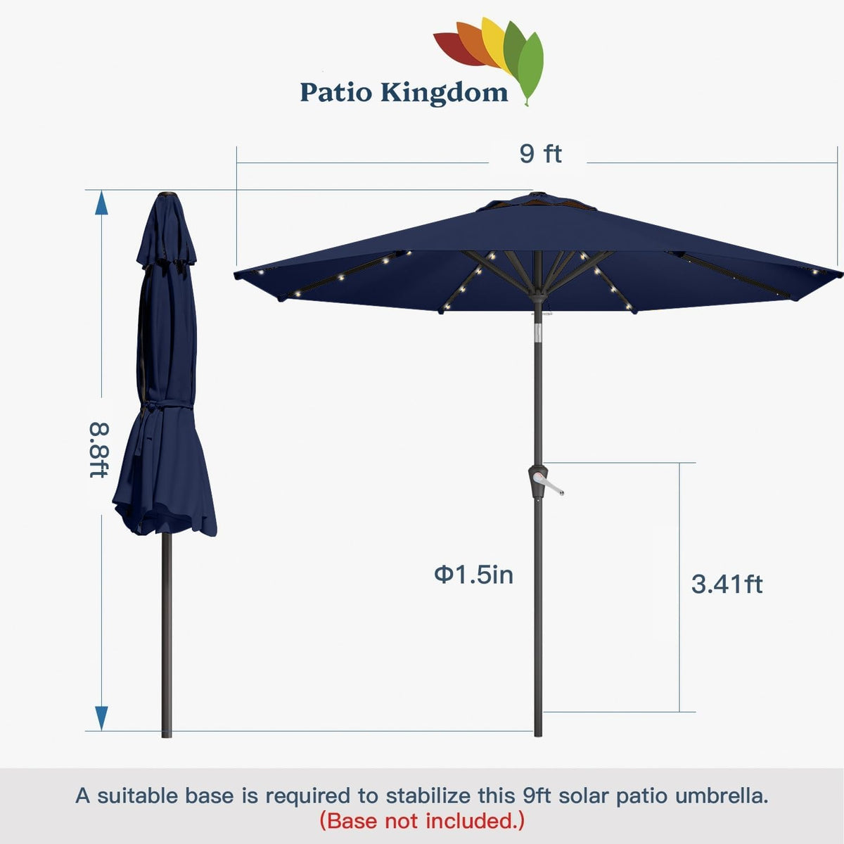9FT Solar Umbrella 32 LED Lighted Patio Umbrella Table Market Umbrella w/Tilt and Crank, UV-Resistant Outdoor Umbrella for Pool, Garden, Deck, Navy Blue