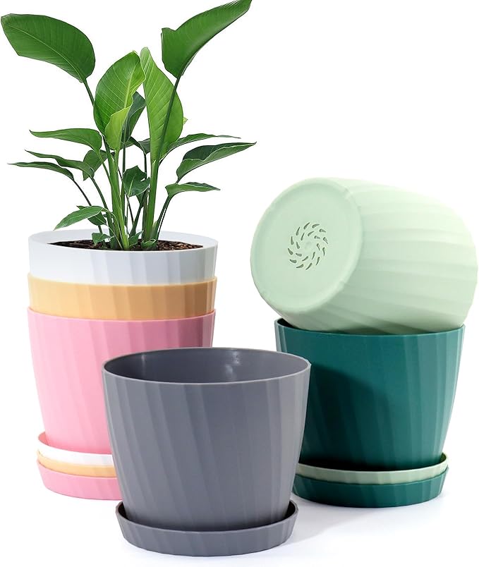 6 Inch Plant Pots Bulk, 6 Pack Plastic Planters with Drainage Holes and Saucers for Indoor Outdoor House Plants and Flowers, Colorful