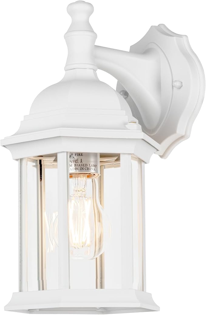 LIT-PaTH Outdoor Wall Lantern, Wall Sconce as Porch Lighting Fixture, E26 Medium Base Max 60W, Aluminum Housing Plus Glass, Matte White Finish, 1-Pack