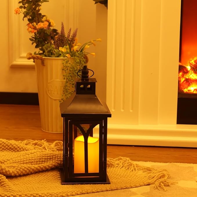 DECORKEY Decorations for Home, Decorative Led Candle Lantern Indoor Outdoor Decor, Metal Hanging Candle Holder with Xmas Teardrop Wreath and LED Candle for Table Centerpieces, Patio (Black)