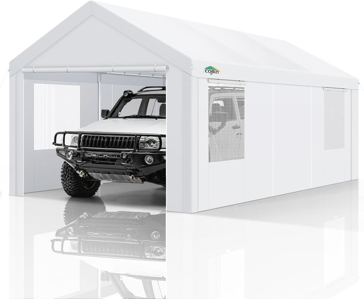 COBIZI Carport Canopy 12x20 Heavy Duty Portable Garage with Removable Sidewalls & Doors, Galvanized Frame Car Port Canopy Tent with Built-in Sandbags & All-Season Tarp for Car Boat Truck, White
