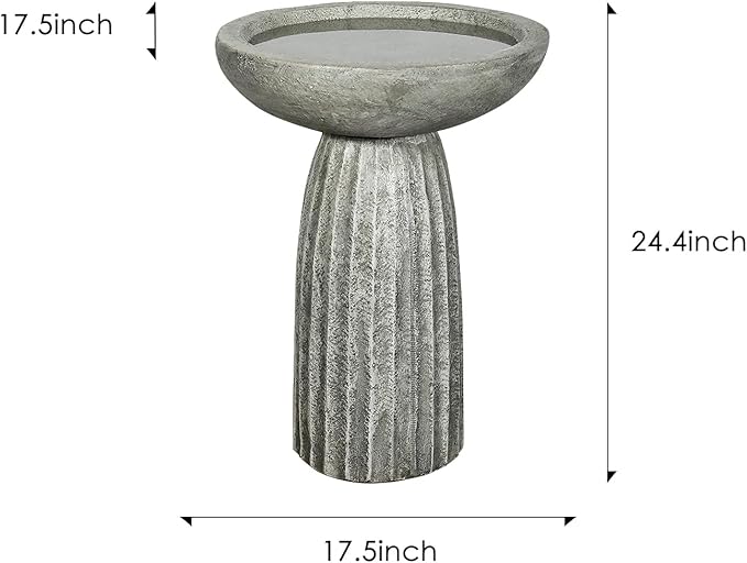SunJet Modern Bird Bath, 24.4inches Height Fibre-Reinforced Concrete Birdbath with Textured Pedestal for Outdoor Garden, Yard, Lawn Decor