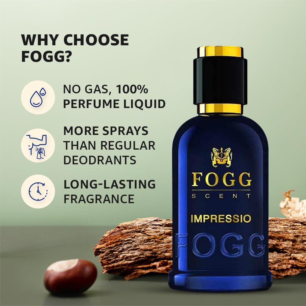Fogg Scent Impressio Eau de Parfum for Men | Fresh Woody Aromatic Perfume | Daily Wear Fragrance with Green Apple & Bergamot | Long Lasting EDP | 3.38 oz (100 ml)