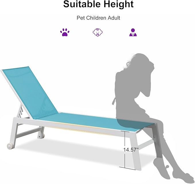 PURPLE LEAF Lounge Chair Outdoor Set of 4 White Aluminum Lounge Chairs with Wheels and Table Outdoor Chaise Lounge for Patio Pool Yard, Turquoise