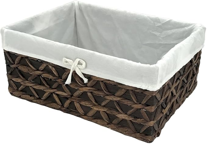 Basket of Rectangular Woven Seagrass Storage Bin with Handle,Kingwillow. (Wood&water hyacinth, Set of 3)