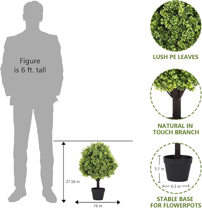 27“ Realistic Artificial Boxwood Topiary Trees Set of 2, Faux Boxwood Plants Outdoor UV-Resistant, No Maintenance Curb Appeal Fake Evergreen Bushes & Shrubs for Front Porch Outside Planter Decor