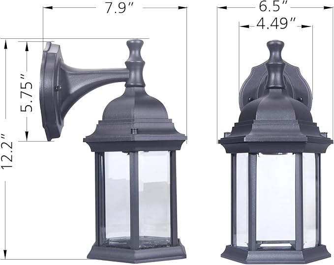 LIT-PaTH Outdoor Wall Lantern, Wall Sconce as Porch Lighting Fixture, E26 Medium Base Max 60W, Aluminum Housing Plus Glass, Matte Black Finish, 2-Pack