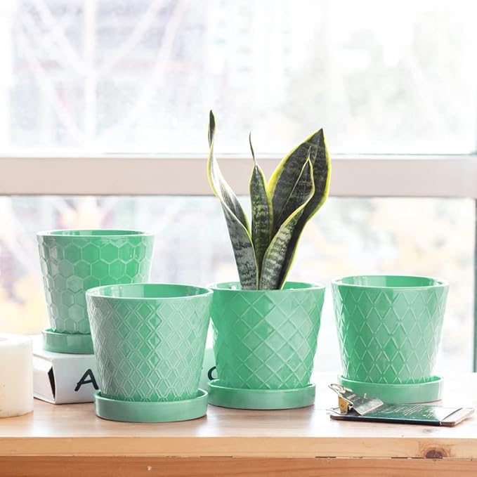 EFISPSS Flower Planter –5 inch Ceramic Plant Pots with Drainage Holes and Ceramic Tray - Gardening Home Desktop Office Windowsill Decoration Gift Set of 4 - Plants NOT Included