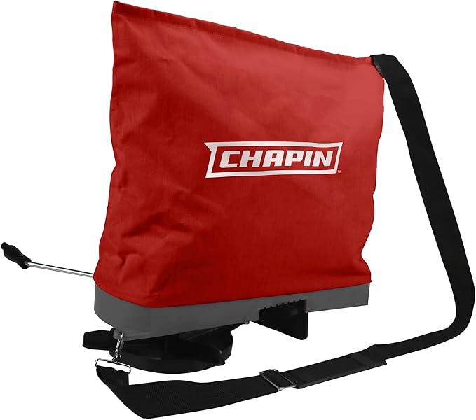 Chapin 84700A 25-Pound Professional Handheld Bag Seed spreader with Waterproof Bag, Enclosed Gears, Rear Baffle, Adjustable Shoulder Strap and Multiple Spread Options, Red