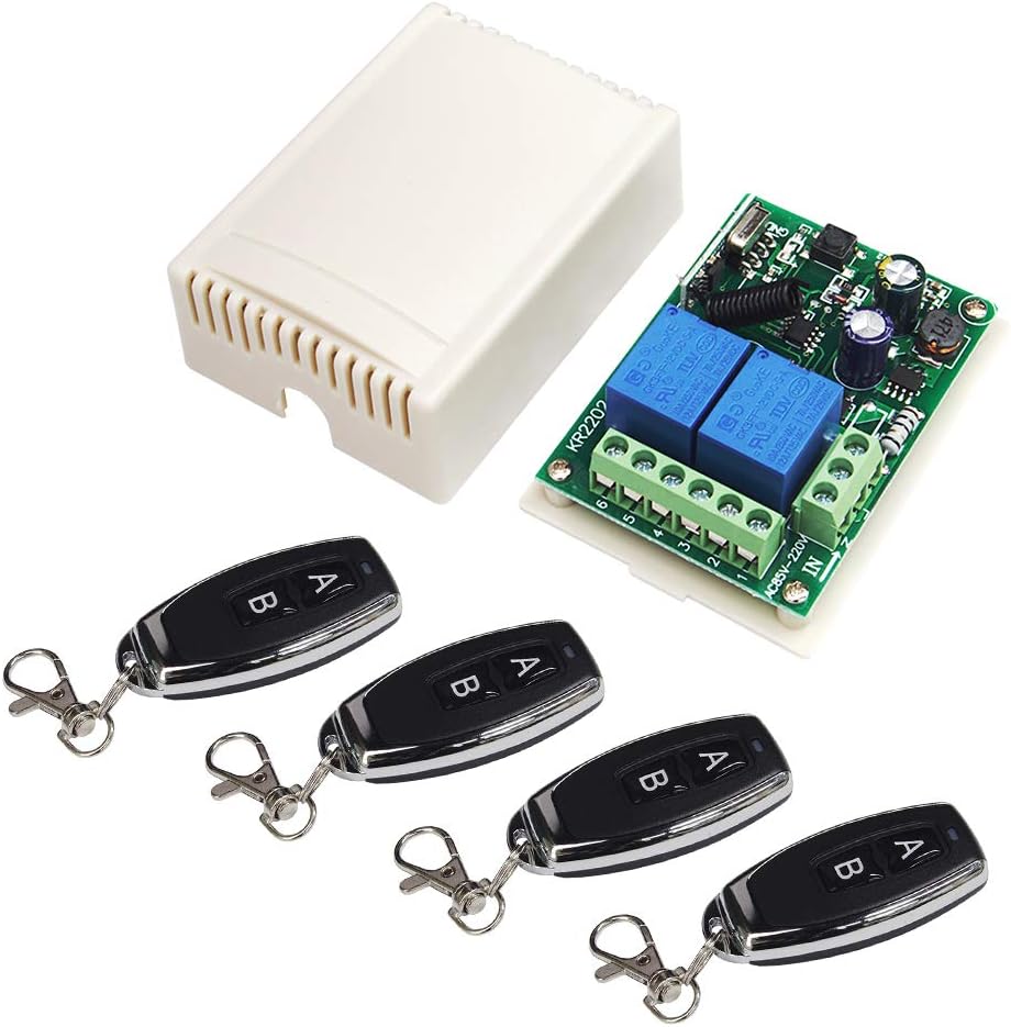 QIACHIP 110V 120V 220V Wireless RF Remote Control Relay Switch Universal 2-Channel 433MHz Receiver with 4 pcs Transmitters for Garage Door Openers, Cars, LED Lights & More (KR2202)