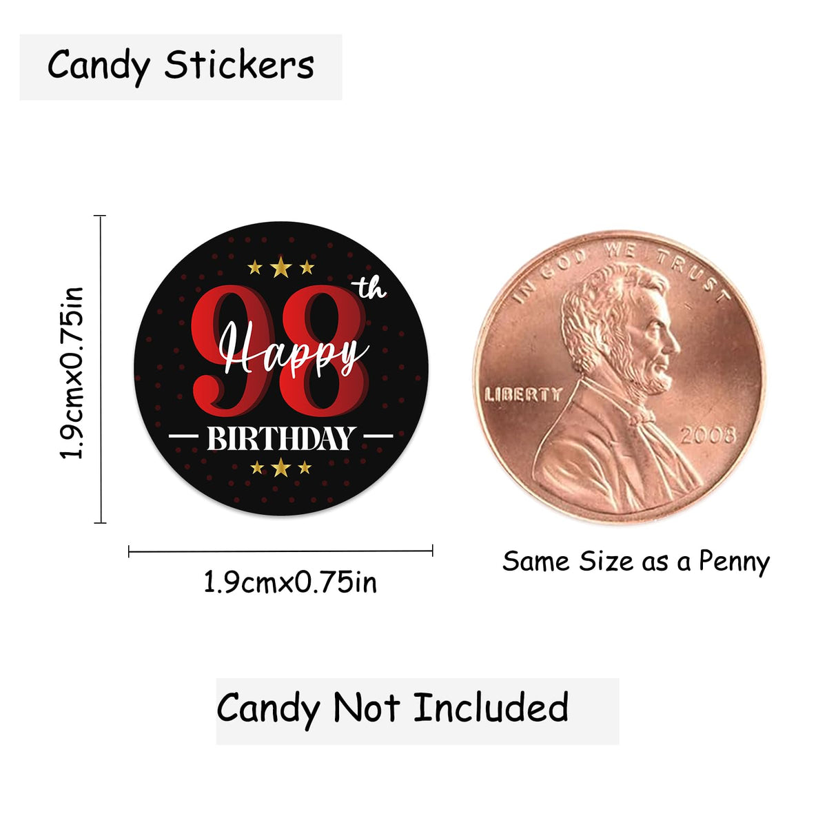 Happy 98th Birthday Party Favor Labels Chocolate Candy Stickers - 98 Years Old Birthday Round Candy Sticker Party Favors - Black and Red - 150
