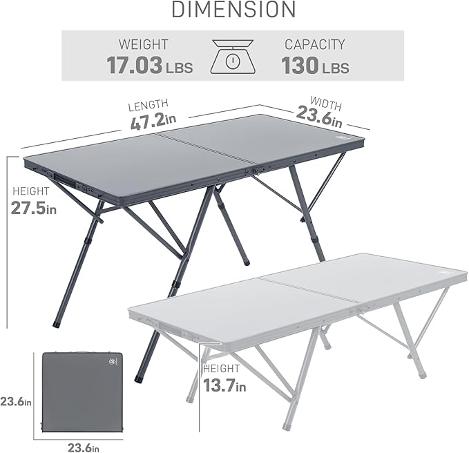 EVER ADVANCED Large Camping Table for 4-6 Person, Portable Folding Aluminum Table with Carrying Handle, Suitable for BBQ, Picnic, Camping and Indoor Use, Support up to 130LBS, Gray