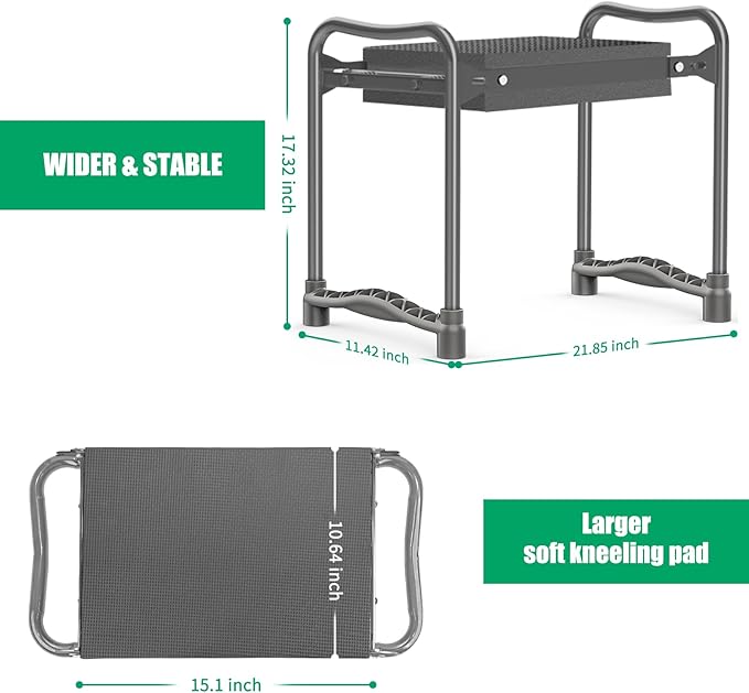 TomCare Garden Kneeler and Seat 10.64” Wider Larger Soft Kneeling Pad Garden Bench with 2 Large Tool Pouches Heavy Duty Garden Stool Foldable Tools Gardening Gifts for Women Men Gardeners,Grey