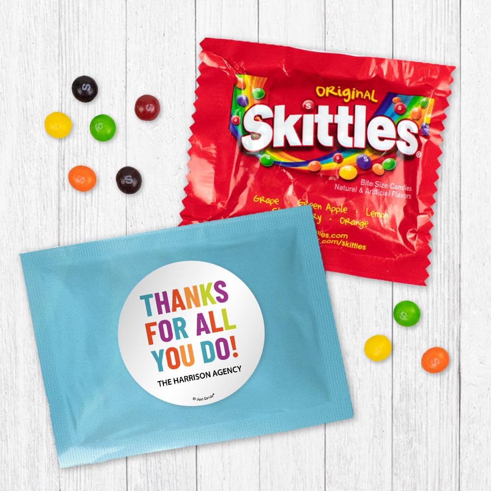 24 Pack Thanks For All You Do Personalized Candy Favor Bags Filled With Coated Fruit Chew Minis For Corporate Favors, Event Giveaways, Thank You Gifts