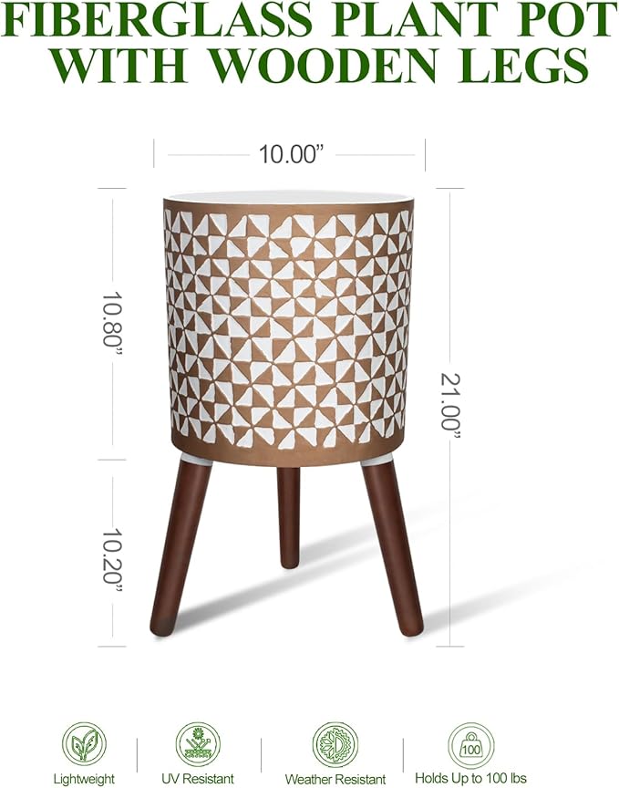 10 Inches Plant Pots with Wood Stand Large Modern Standing Planters for Indoor Mid Century Flower Pot with Drainage Holes Big White & Gold Planters for Living Room, Office, Garden or Balcony