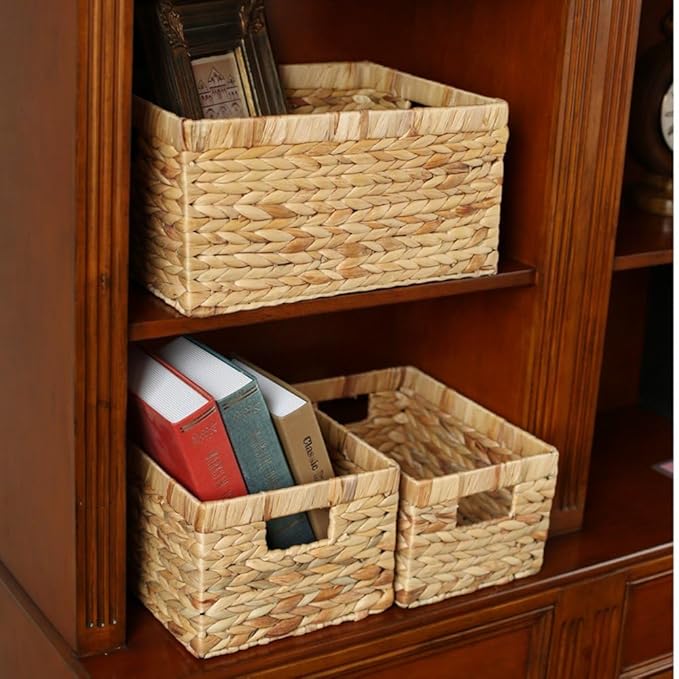 Woven Natural Water hyacinth Rectangular Storage Baskets with inside Handle,Kingwillow(Large)