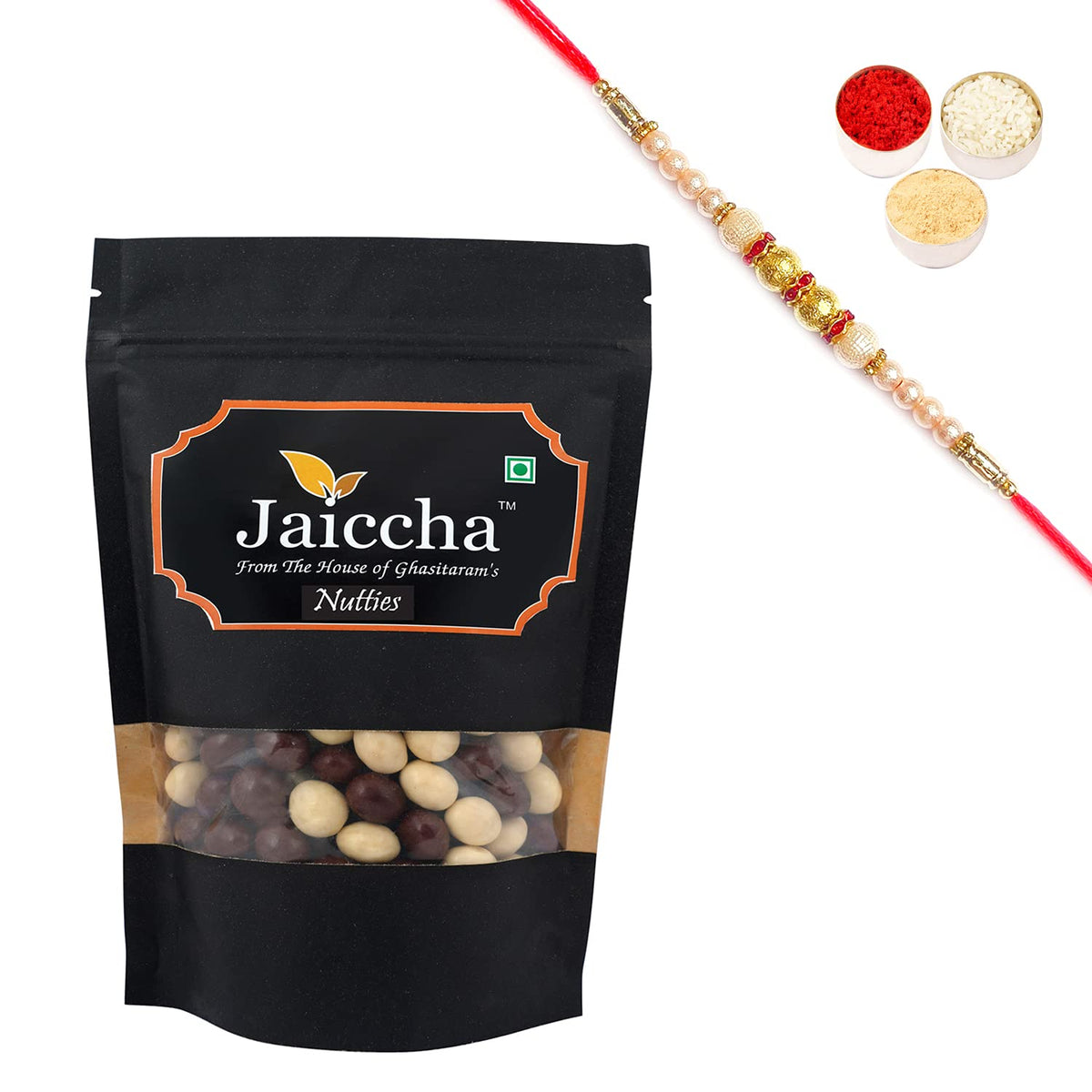Jaiccha Ghasitaram Rakhi Gifts for Brothers Rakhi Chocolate - Nutties 200 GMS in Black Paper Pouch with Pearl Rakhi