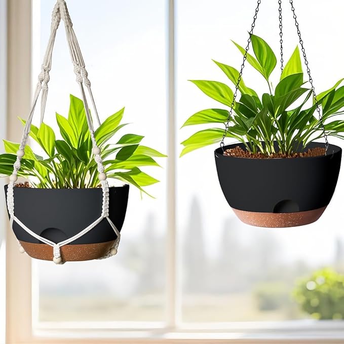 12 Inch Hanging Baskets for Plants Outdoor, Hanging Planters for Indoor Outdoor Plants, Hanging Planter with Self Watering, Hanging Flower Pots (Black Planter with Macrame + Iron Hangers)