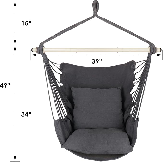 Highwild Hammock Chair Hanging Rope Swing - Max 500 Lbs - 2 Cushions Included - Steel Spreader Bar with Anti-Slip Rings - for Any Indoor or Outdoor Spaces (Grey)