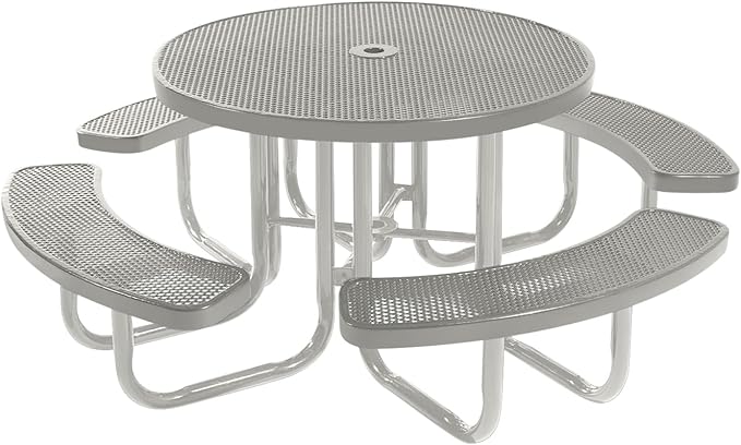 Heavy-Duty Portable Outdoor Picnic Table with Umbrella Hole, Punched Steel Commercial-Grade Patio Furniture Made in America (46" Round Top, Grey with Grey Frames)