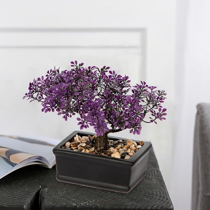 Artificial Bonsai Tree Juniper Faux Plants Indoor Fake Plants Decor with Black Ceramic Pots for Home Table Office Desk Bathroom Shelf Bedroom Living Room Farmhouse Decorations-Purple