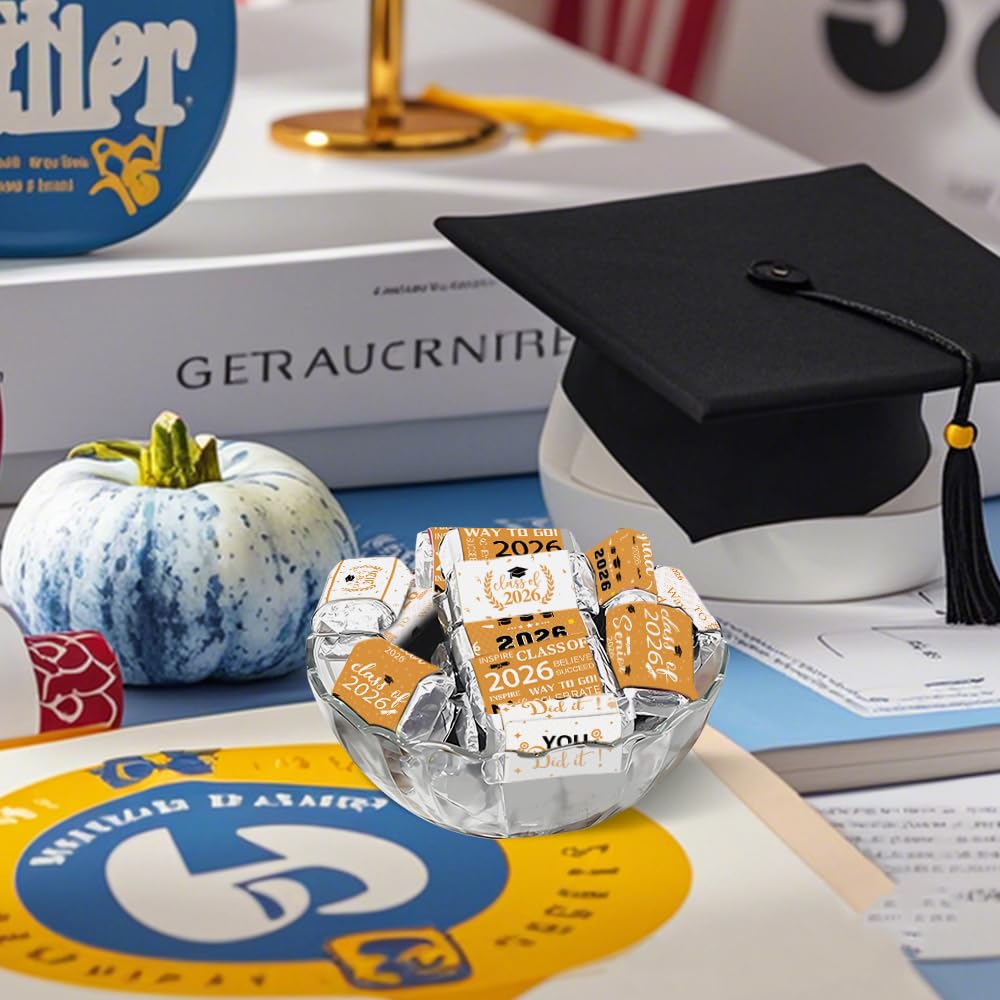 Graduation Party Decorations 2026 Graduation Label Stickers, 240PCS Congrats Grad Mini Gold White Candy Wrapper Class Of 2026 Chocolate Bar Stickers