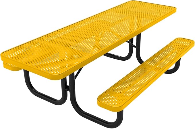 Coated Outdoor Furniture Heavy-Duty Portable ADA-Compliant Outdoor Picnic Table, Punched Steel Patio Dining Furniture Made in America (8ft Rectangular, Both-Side Handicap, Textured Yellow)