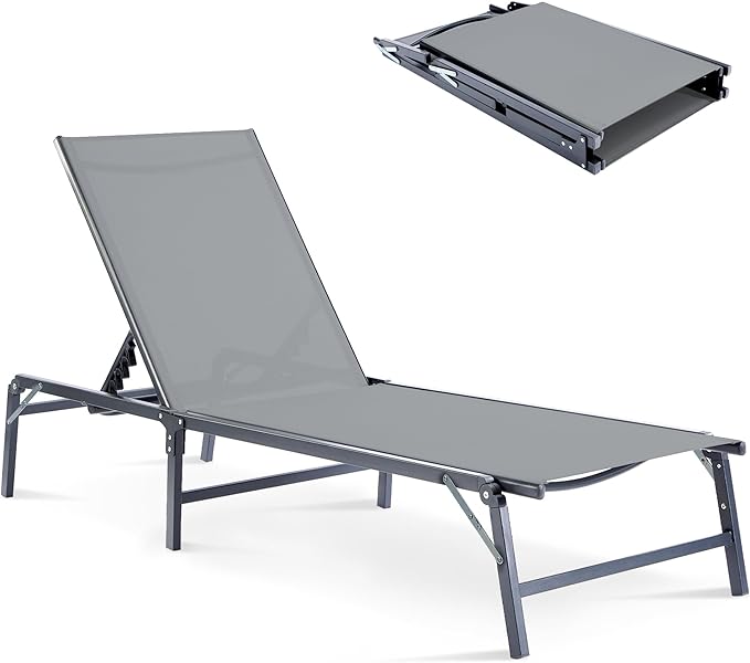 Outdoor Chaise Lounge Chair, Foldable & Assemble-Free, 6 Adjustable Positions, Durable Rust-Resistant Frame, Portable Outdoor Pool Lounge Chairs for Pool Patio Beach, Grey