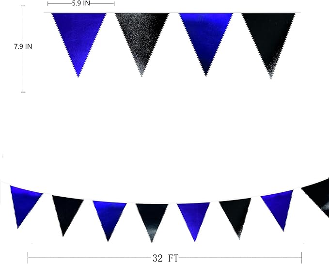 Royal Blue Black Party Decorations Navy Black Metallic Fabric Triangle Pennant Banner Flag Bunting Garland for Graduations Birthday Retirement Wedding Bachelorette Nautical Outdoor Party Supplies